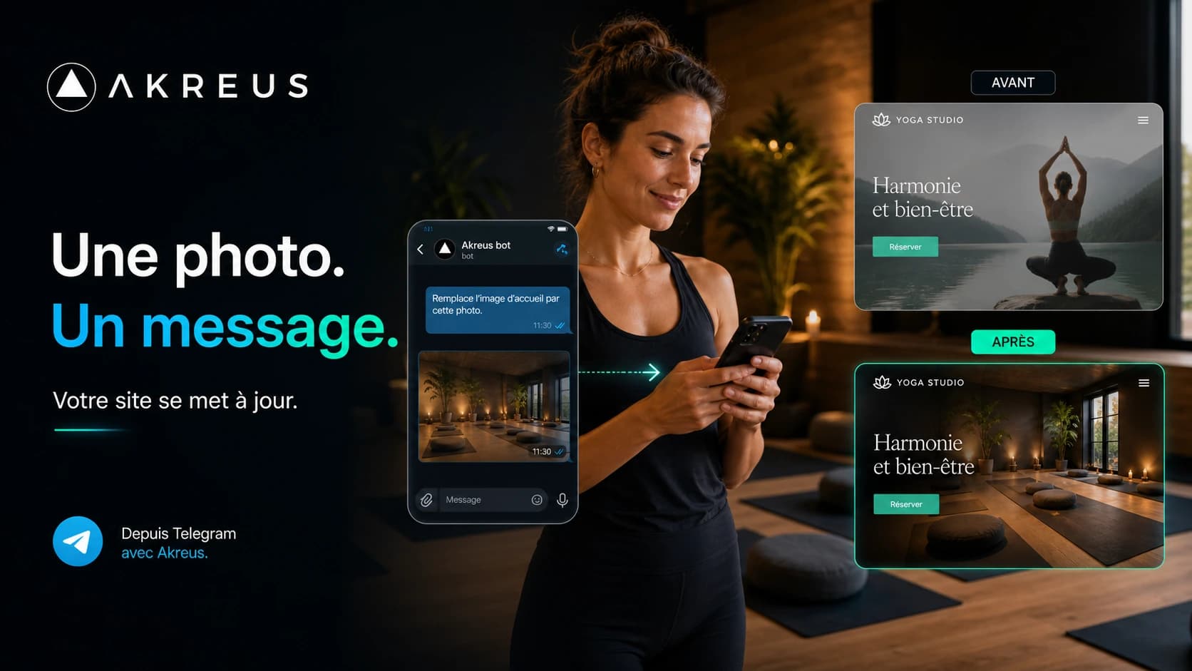 Gérante d'un studio de yoga qui met à jour son site depuis son téléphone