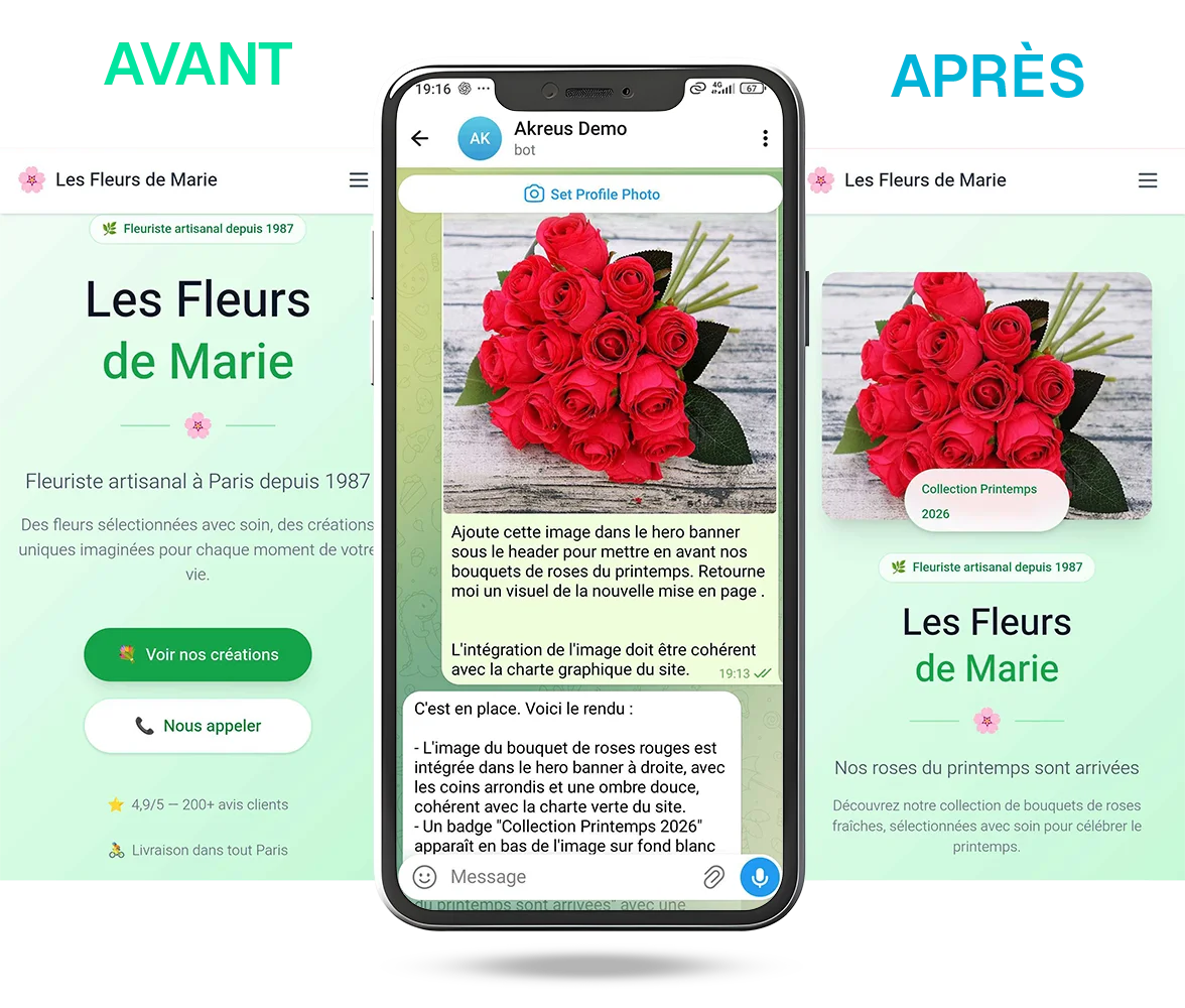 Avant / après : mise à jour du site d'une fleuriste via un message Telegram